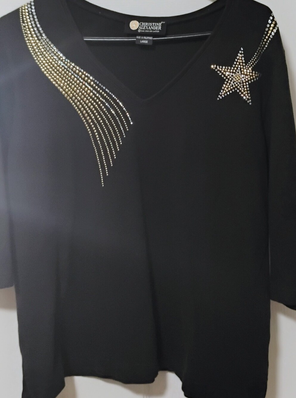 Christine Alexander Black V-Neck Top with Gold Stud Star Accents